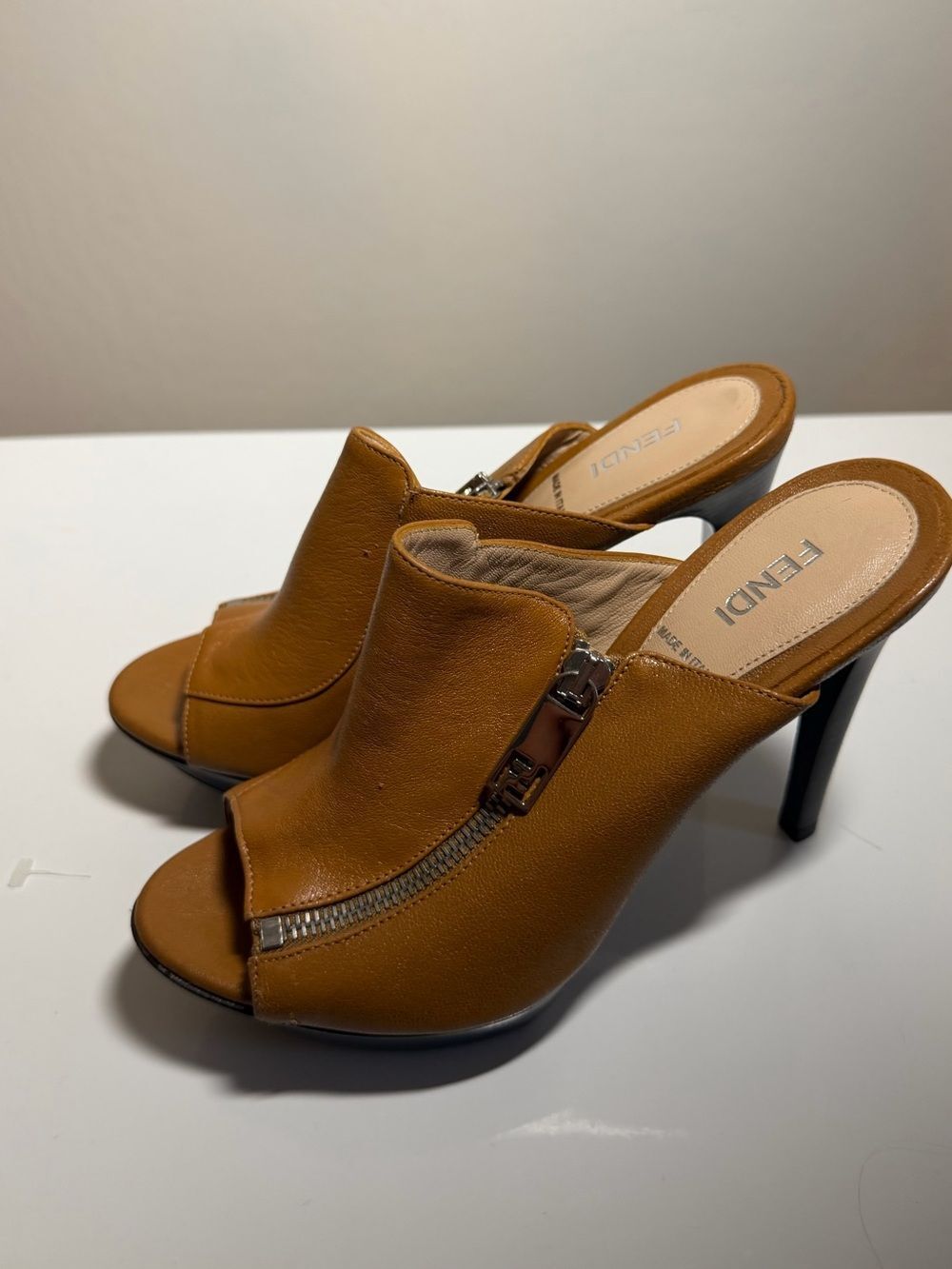 Fendi Tan Leather FF Logo Zip Front Platform Mule Stiletto Heels Size 37